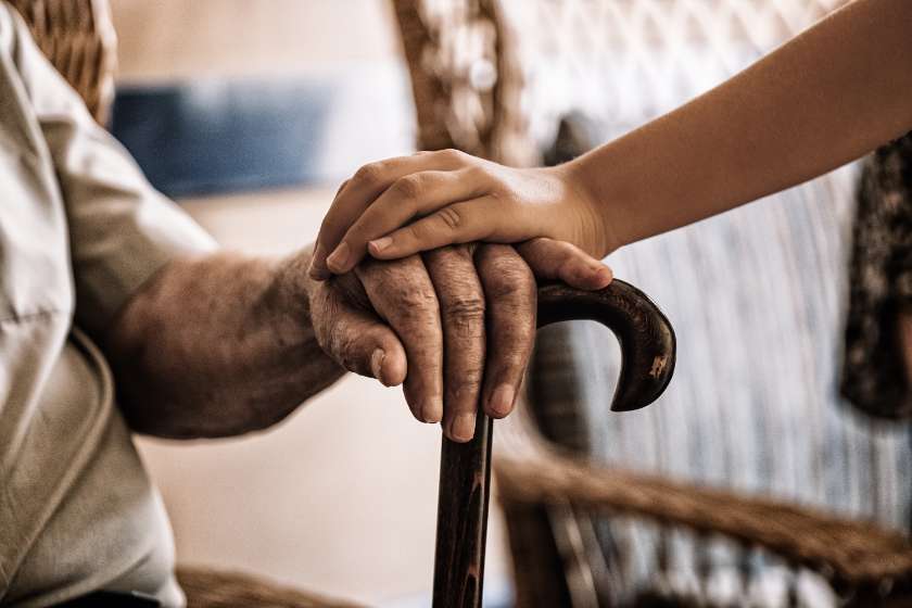 Child S Hand Old Man S Hand Holding Cane